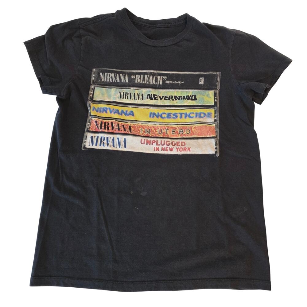 Nirvana Cassette Tape Stack Distressed Graphic T-Shirt Black Small